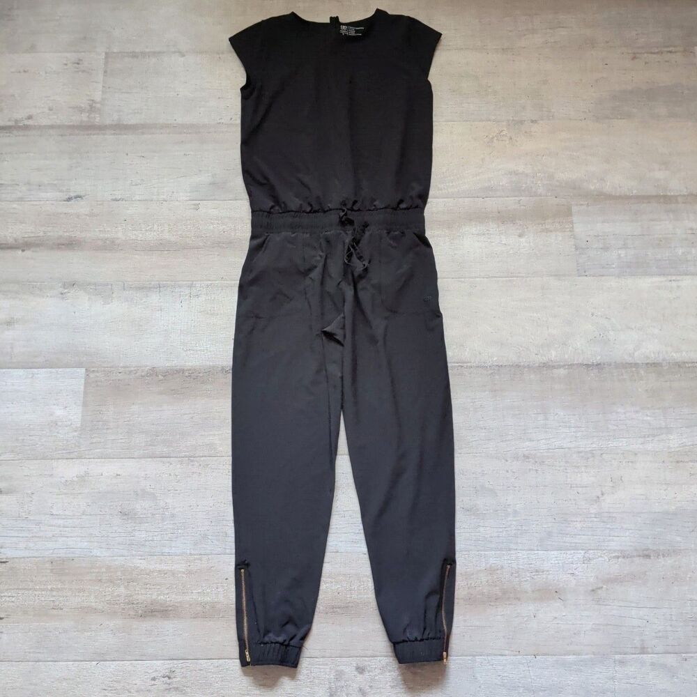 Albion Fit Jetsetter Jumpsuit Womens S Black White Dash Print Ankle Zip Pockets